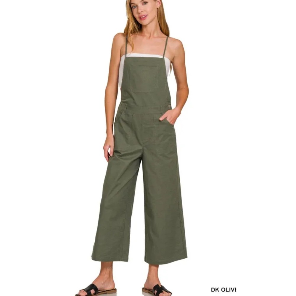 Zenana Olive Green‎ Wide Leg Crop Overalls Jumpsuit Women's Size Medium